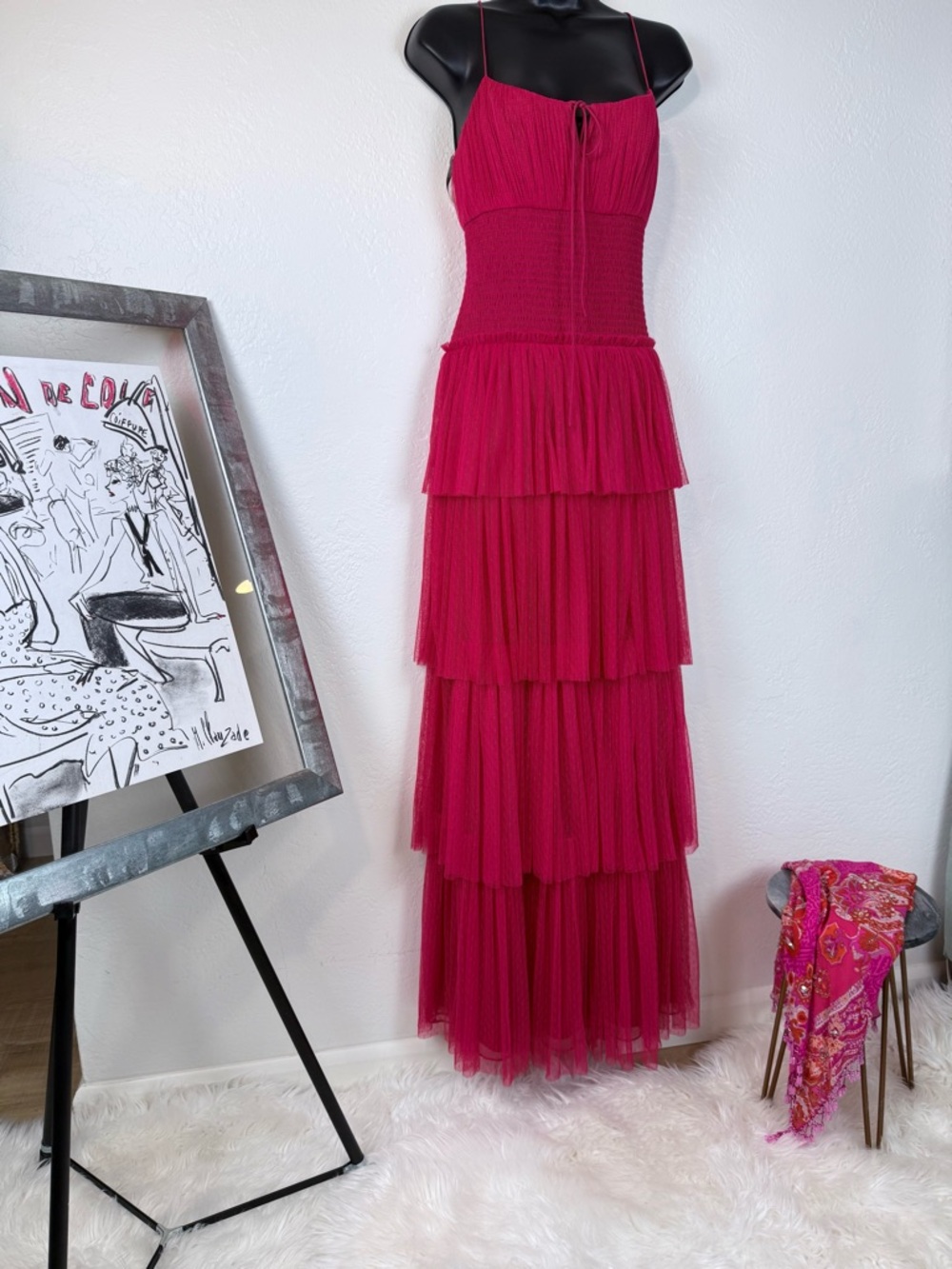 NWT ML Monique Lhuillier Tiered Tulle Maxi Dress Cherry Pink Size 8